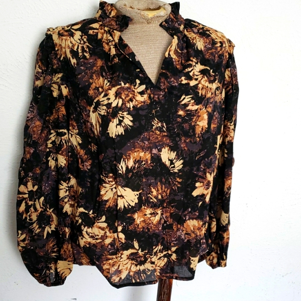 Elan Black and Tan Floral Ruffled Blouse Sz S - Picture 1 of 7